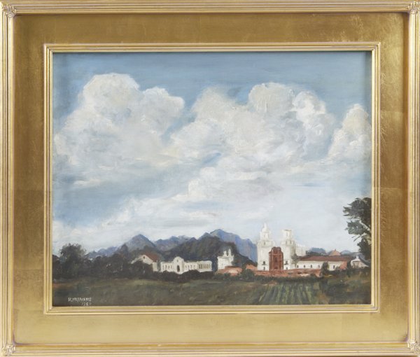 Hazel McIlvane, O/B; "San Xavier Mission": Depicts a view of the mission from a distance. 16" H x20.5" W. Signed and dated 1958 LL. Title on card attached to the back; excellent condition.