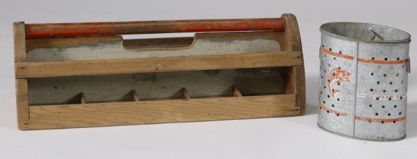 Early 20th C. Wood Tool Box & Tin Minnow Pail: The tool box have arch shaped ends and has 12 storage compartments, 7" H x 20" W x 6" D. Together with an "Old Pal" minnow carrier with orange lines and jumping fish decorations, 7"H x 6" W x 4" D. Th