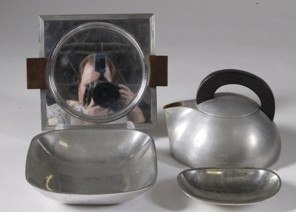 4 Pieces of Chrome & Aluminum Table Articles: Including a Wagoner Ware Magnalite Aluminum coffee pot, Nambe chrome dish, Denmark chrome dish, and a Manning Bowman square tray with round inner center and wood handles, largest item 7"H x 9"D. Minor