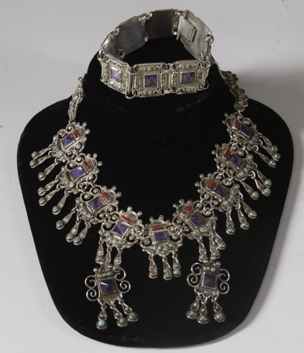 Vintage Matl Mexican Silver Jewelry Suite: Matilde Poulat of Mexico City (Matl), started her jewelry making in 1934. Her pieces are baroque forms with delicate textured detailing. Many set with tiny coral and turquiose stones. Her work is prob