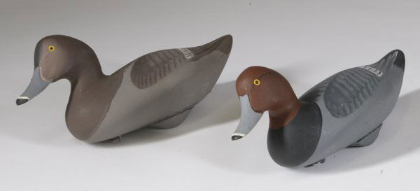 2 Capt. Harry Jobes Redhead Drake Duck Decoys: Including a Aberdeen, MD carved wood and hand painted signed on bottom, 6.5"H x14"W, together with hen and Drake Aberdeen, MD, carved and hand painted decoy, signed on the bottom, 7"H x 14"W. Both in