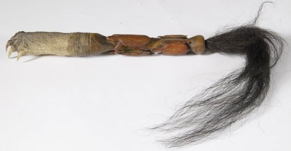 Great Lakes Indian Rattle: Snapping turtle claw rattle with carved turtle effigies on handle. Ending in a hair drop decoration. 12" L excluding hair drop.