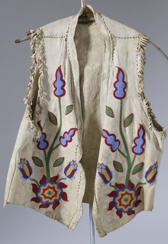 Late 19th/Early 20th C. Indian Beaded Vest: Spot stiched on brain tanned leather with floral motif of glass beads. Back is silk applique roses. Adult size.