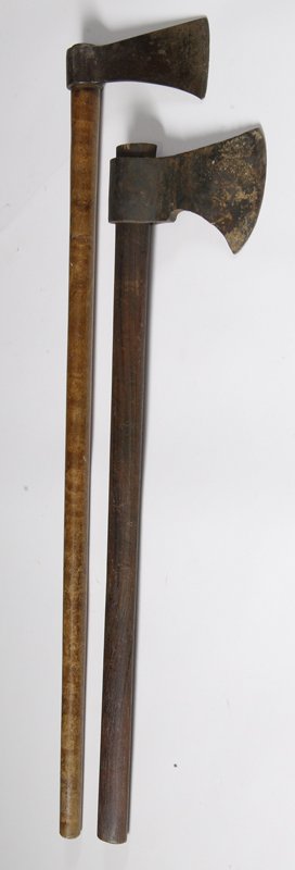2 Iron Ax Heads Mounted on Hafts: Longest is 26".