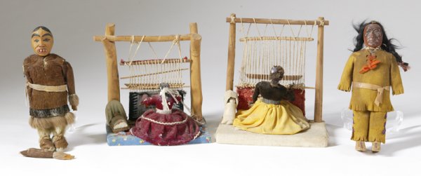 Lot of 4 Misc. Dolls: Includes 2 Navajo rug weavers at a loom, skookum doll, and Eskimo doll. Wear consistent with age and use.