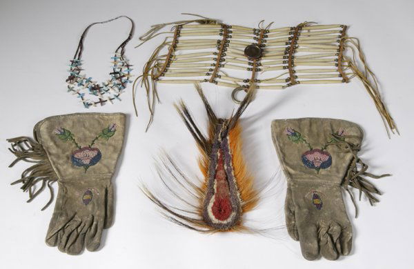 4 Piece Indian Lot: Mens hair pipe, breast plate, beaded gauntlets with fringe, very dirty, SW Indian necklace, very worn roach.