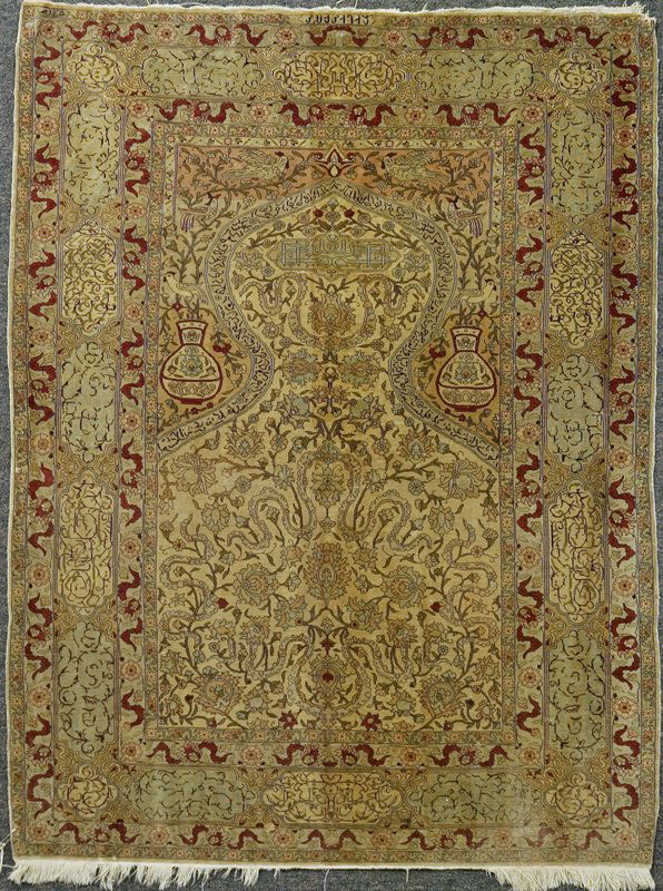 Fine Antique Silk Turkish Prayer Rug: Light beige field with inner vase and bird decorations with scrolling red and floral borders, 4' 7" x 3' 3". Signed in two places. Some fringe loss.