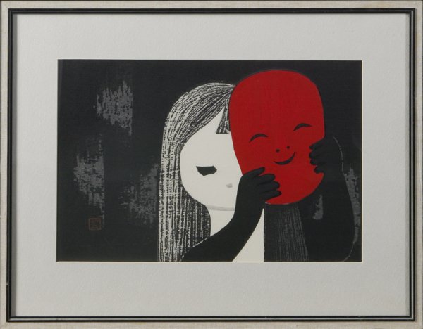 Kaoru Kawano, Japanese Woodblock; Abstract: Circa 1950's, depicts an abstract girl holding up red smiling face mask, signed LL. 9.5" H x 14" W. Great condition.