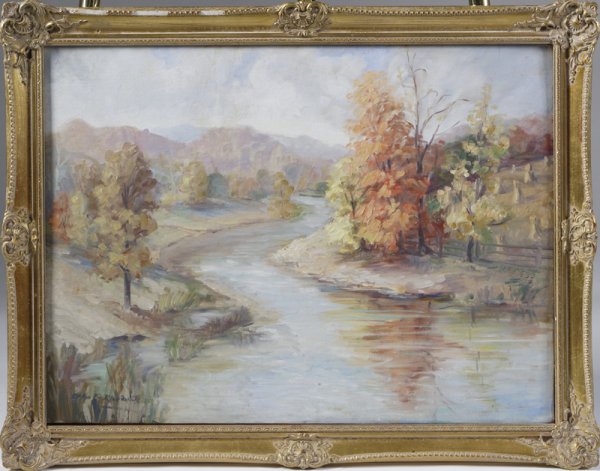 20th C. Oil on Canvas; Autumn: Winding Autumn River landscape, signed Earl B. Robinson? LL, 18"H x 24"W. The painting is in good condition but, the top left section of the frame is chipped in 3 areas.
