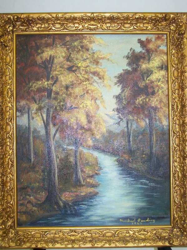 Mildred Pauling, Oil on Board; Autumn River: Painted in 1967 by Mildred Pauling, scene is of a river with Autumn trees surrounding the bend. 19.25" H x 15.5" W. Signed in LR and dated 1967; great condition.