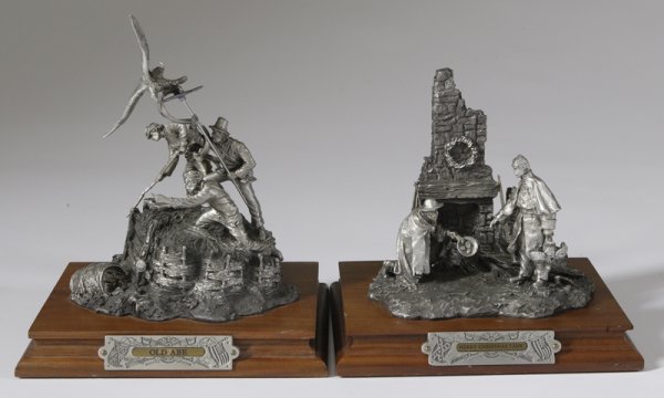 2 Signd. Chillmark JJ Barnum Pewter Sculptures : To include, "Old Abe" civil war scene, signed and dated 89 near back bottom base, mounted on a carved wood stand, 8"H x 7"W x 5.5"D, together with "Merry Christmas Yank" a scene with 2 civil war soldi