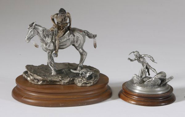AT McGrory Chillmark Pewter Sculp & Polland S.: Circa, 1987, in the manner Of Frederic Remington, edition 518/950, mounted on carved wood oval base, signed near base, 6"H x 5"W x 3"D, together with a Chillmark Don Polland "Last Arrow", circa 1981,