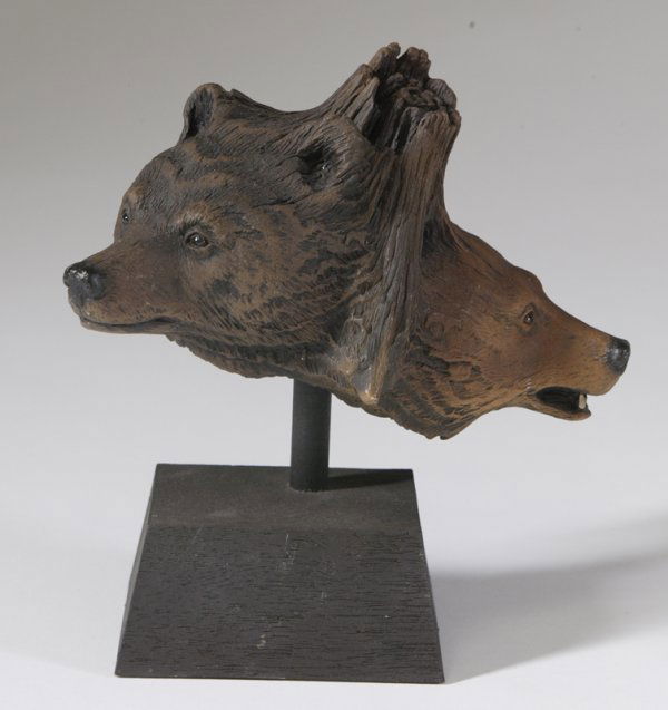 Rick Cain "Little Bears" Lim Edit. 297/2000, Sculp: Double painted composition bear form mounted on a carved pyramid form base, signed on label on the bottom of the stand 8"H x 7"W x 5"D. Good condition.