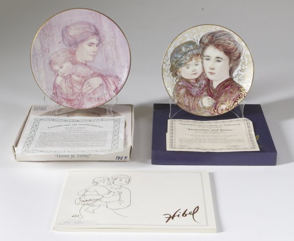 2 Edna Hibel Collector's Art Plates & Album Book: To include, "Helmi Ja Terttu"(Pearl and Flowers", edition 1465, from "First in the series Scandinavian Mother and Child", signed LR, 8.5"dia, together with "Jaqueline and Renee", edition 289, from "Th