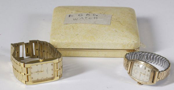 2 Vintage Mid 20th C. Ladies Bulova Watch: Including a water resistant Swiss A 5 N)211 18K Gold Quartz watch with flexible band, together with a gold plated flexible band watch 7804589. Both watches are I good condition.