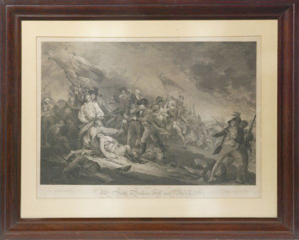 Engraving after Painting by John Trumbull, 1798: "The Battle at Bunker's Hill near Boston", exceptional engraving by I.G. Muller, after the painting by listed artist John (Colonel John) Trumbull, whom is one of America's best-known Colonial portrait