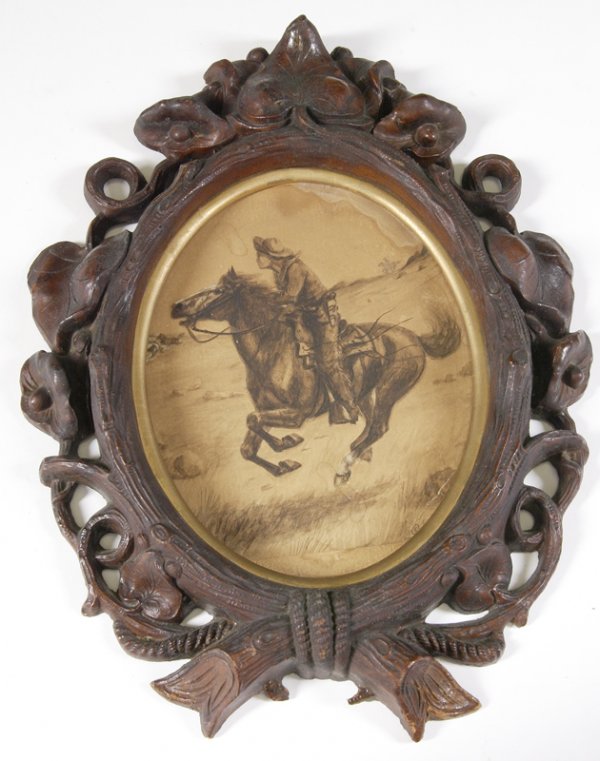 G. Lorring, Watercolor; Cowboy Riding Horse : Depicting a cowboy riding horseback with horses riding off to the left, plus another rider off in the distance, signed: G. Lorring in LR, oval in shape, mounted on thin piece of wood backing then plac
