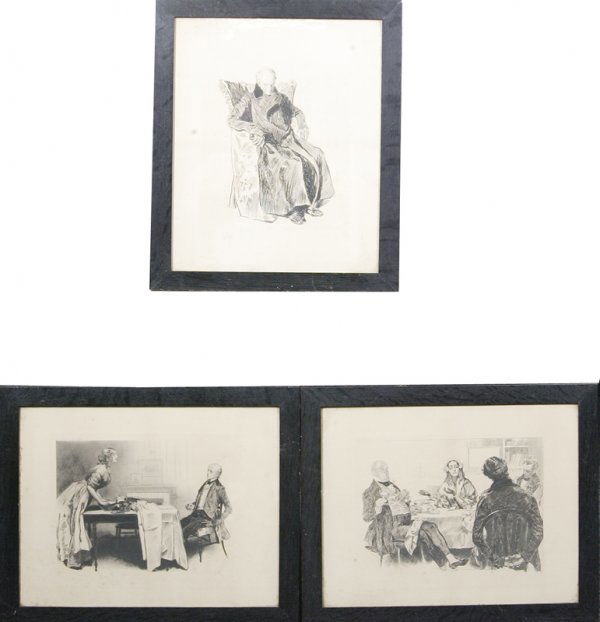 3 Framed Original Ink/Pencil Drawings, All Signed: 1st drawing depicts an elderly man sitting in chair, fully dressed with trench coat on, loking down toward his shoes, size: 15-1/2" x 19-1/2" (sight); 2nd drawing depicts 4 people sitting around the t