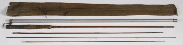 Vintage Bob Nienstedt Bamboo Fly Rod: Great finish with guide missing and another present, but has come apart. All other threads yellow and intact. Finish is good and cork handle shows wear. Signed Bob. Nienstedt.