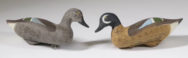 Capt. Harry Jobes Blue Wing Drake & Hen Decoy: Circa 1970's, both are from Havre de Grace, MD and have all original paint with painted eyes and signed on bottom mounted on metal bases with tow rings, teal Drake measures, 7"H x 13"W, and the hen me