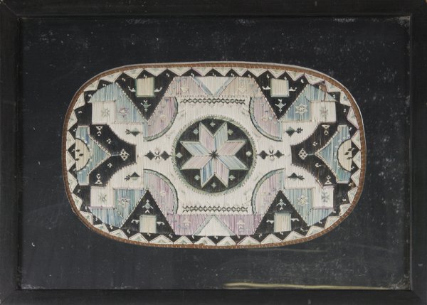 19th C. Porcupine Quilled Panel: Intricately Quilled on birch bark, typical Great Lakes Indian geometric quill work, comes in display frame. 13" x 8". Condition: Very fine, some very minor quill loss, consistent with age and use.