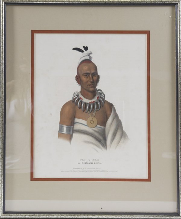 1838 McKinney-Hall Litho, Portrait, "Tai-o-mah": Large format, hand colored litho, published by F.W. Greenough, Philad., printed and colored at I.T. Bowen's, 1838. Tai-o-mah a Musquakee Brave. Professionally framed and matted, print together with or