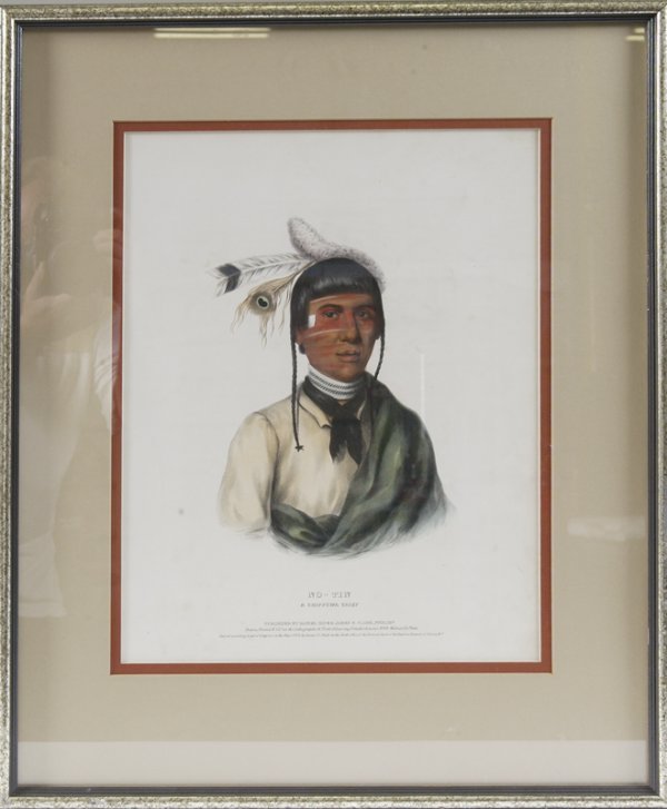 1842 McKinney-Hall Litho Portrait, "No-Tin": Large format, hand colored litho, published by Daniel Rice & James G. Clark, Philad., drawn, printed and colored at The lithographic Est., 94 Walnut St., Philad., 1843. No-Tin a Chippewa Chief. Profes