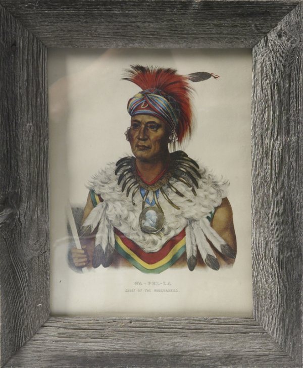 Attributed To Karl Bodmer,Clr. Litho;Chief Wapella: Karl Bodmer (1809-1893) Swiss/American, portrait of Chief Wa-Pell-LA of The Musquakes,13"H x 10"W, hand painted and mounted in a driftwood frame. Good condition.