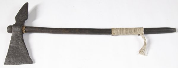 18th/19th C. Large Spiked Forged Iron Tomahawk: Blacksmith made tomahawk with replacement haft with wrapped handgrip, 18th/19th century. Size: Tomahawk head is 9-1/2". Overall length is 22-1/2". Condition: Iron tomahawk shows good age.