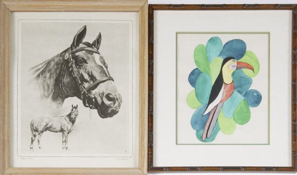 R.H. Palenske Print & Perry Watercolor: Framed print of Man O' War by R.H. Pelenske; 14" H x 11" W. Together with a framed watercolor of a toucan, signed Perry; 9.5" H x 7.5" W. Excellent condition.