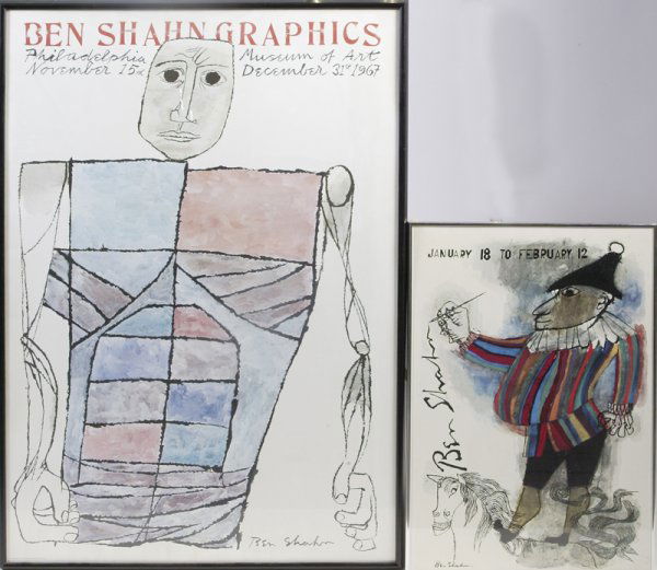 2 Vintage Ben Shahn Framed Art Posters: A nice large example "Ben Shan Graphics", Philadelphia Museum November 15th, 1967, signed LR, 45.5"H x 30"W, together with a smaller print, marked January 18 - February 12, signed LL, 28"H x 19"W. Bot