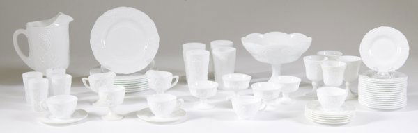Vintage Milk Glass Dish Set: 110 pieces of vintage milk glass, includes 8 dinner plates, 16 bread and butter plates, 16 goblets, 8 tumblers, 2 creamers, 2 sugar bowls, pitcher, compote, 8 drinking glasses, 16 pudding cups, 16 cof