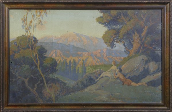 Joe Duncan Gleason, Facimile in Oil; Landscape: Joe Duncan Gleason, 1881-1959, Calfornia. Joe Gleason was a native of California, born in Watsonville, in 1881. He was known for his landscape and marine paintings of San Pedro Harbor on the Californi