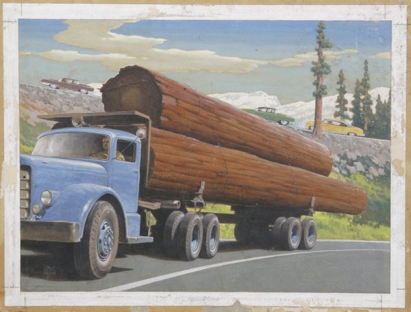 Leslie Ragan, Watercolor on Board; Logging Truck: Leslie Darrell Ragan, 1897-1972, Iowa/Oregon. Ragan was a specialty illustrator who was well known for his paintings of machines moving fast through landscapes (especially trains). Born in Iowa, Ragan