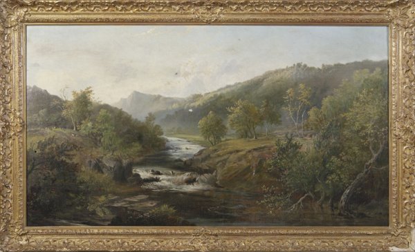R. Cooper, Oil Painting on Canvas; Hudson River: Late 19th C. Very detailed painting by an accomplished painter, depicting the Hudson River flowing through a mountaineous landscape. 26.5" H x 46.5" W; signed R. Cooper in LL. Some losses to frame and