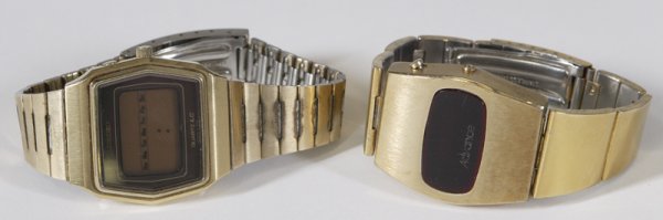 Vintage1977 Seiko LCD Watch & Advance Watch: Quartz, water proof, 713454 with gold plate and stainless steel band and calendar, inscribed on back "Eugene L Wielock in appreciation for 25 years of service, Mohawk Liquor 1977. Together with a circ