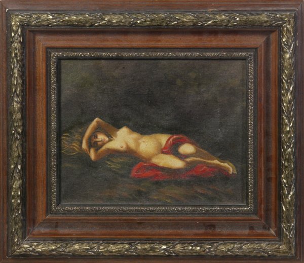Attributed to Willy Moralt, Late 19th C. O/C; Nude: Depicts a female reclining nude. 8" H x 10" W; signed W. Moralt in LR. "Claude (Illegible) Rue Du Mont Paris" stamp on back of canvas. Canvas is slightly flimsy.