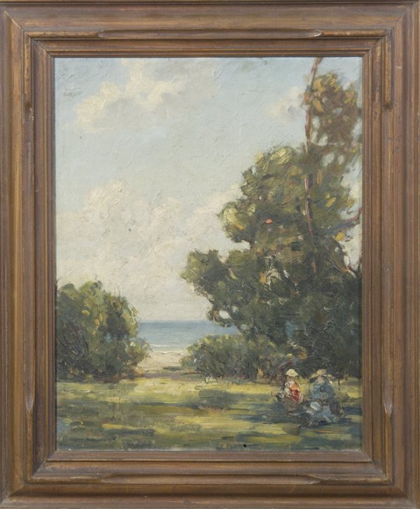 A. Palmer Wigle, Oil on Board; Pointe Pelee: Archie Palmer Wigle, Detroit, MI, Died in early 1960's. Painting is of an abstract of two people sitting at Pointe Pelee, in Leamingon, Ontario. 14" L x 11" W. Art Guild-St. Mary's label en verso. Bir