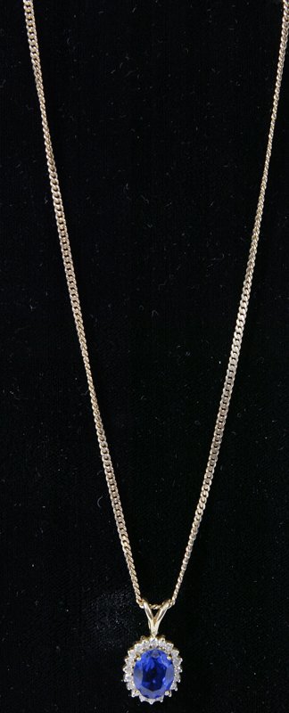 14K Gold, Royal Blue Sapphire & Diamond Necklace