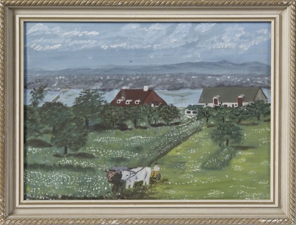 M. Shorman, Oil on Canvasboard; Folk Painting: Orchard field with homes, body of water in the background and a farmer with cows tilling the land. 12" H x 16" W; signed in LL. Ferguson's Art Shop stamp en verso. Excellent condition.