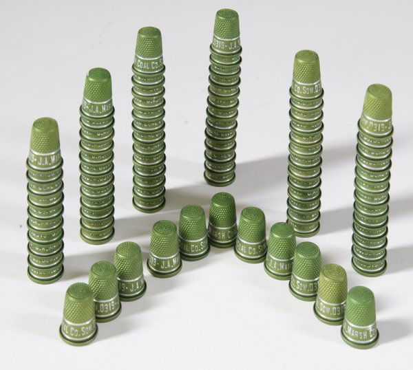 Lot Of 80 J.A. Marsh Coal Co. Som.0319 Thimbles: Each are painted green with raised silver lettering. Each thimble is in good condition.