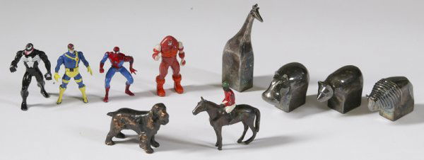 4 Dansk Metal Animal Figures & 6 Other Figures: Including a bear, bull, hippopotamus, and a giraffe together with 4 diecast hand painted superheroes, painted jockey on a horse, and a Cocker Spaniel. Minor paint chipping on the jockey and the other