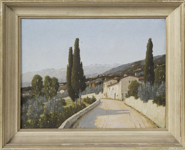 Early 20th C. Oil on Canvas; Mountain Landscape: Depicts an Italian mountain landscape with winding road and houses next to a mountain. 11.75" H x 15.75" W; unsigned. Back of canvas stamped Made in Italy and Marshall Field & Co. purchase tag en vers