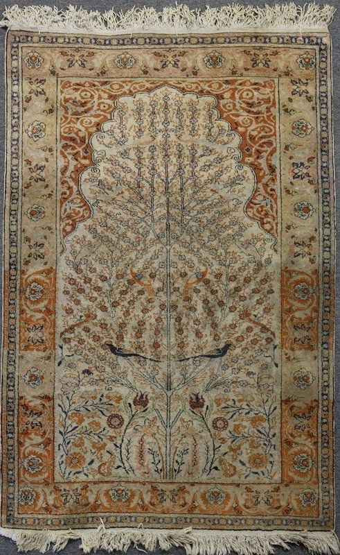 Antique Turkish Rug: Orange field with floral border and large tree with birds in center, in additional colors of cream and navy. 69" x 46"; large stain, surface dirt, strong odor, needs cleaning.