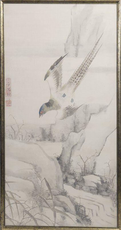 Quan Shen, Ink and Color/Silk; "Parible of a Pheas: Quan Shen, 1682-1762. Painting of a pheasant landing in a field. Head colored in blue and red, wings highlighted in yellow. Quan Shen also known as Shen Nan-Ping, was a native of Hu-chow (now the Wuhs