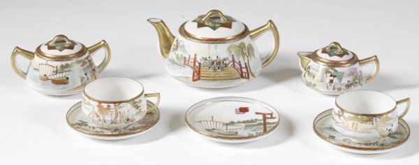 Exceptional Japanese Tea Set: Beautifully painted with figural scenes in landscapes, bridges and water, with strong gilt highlights. Lids are decorated with floral and gilt decorations, and handles are gilt. Each piece is signed a