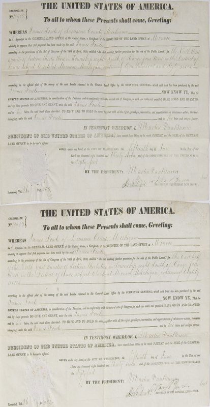 2-1837 Michigan Land Grants: Both are for James Fowle, in Monroe, Michigan, where agreement is for 80 acres and 160 acres. Signed by the President, Martin Van Buren on June 15, 1837. Excellent condition considering age. Estate of