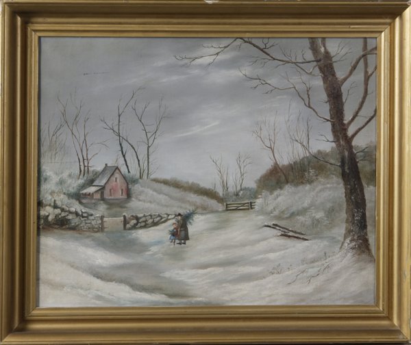 19th C., Oil on Canvas; Winter Landscape: Depicting a winter scene with an adult and a child gathering a Christmas tree in a snowy landscape. 18" H x 25" W; unsigned. With a Hayer & Chandler Pat 1894 Chicago IL stamp on the stretcher of the f