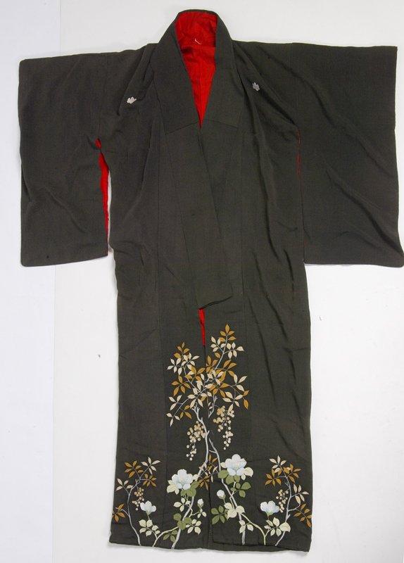 Vintage Silk Kimono Robe: Dark brown/green with floral, stem and leaf designs at bottom. Interior is fire engine red. Measures 57" L x 24" W (shoulder to shoulder). Great condition. Estate of Meg Heinrich, Rochester Hills, MI.