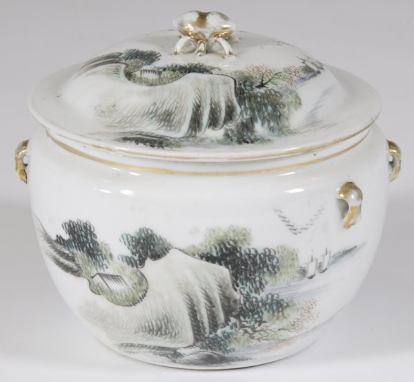 Late 19th C. Chinese Covered Container: Beautiful hand painted container with landscape scene near a lake with boats. Lid of container is a gilt beetle. Sides of container have gilt loops, as well as gilt banding on edges of lid and rim of 